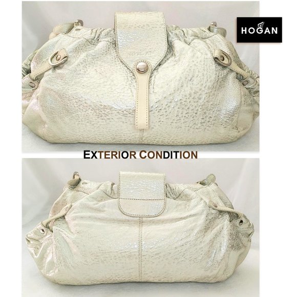 HOGAN Italy Creamy Beige Silver Metallic Hobo Slouchy Leather Large Shou… - Picture 10 of 13